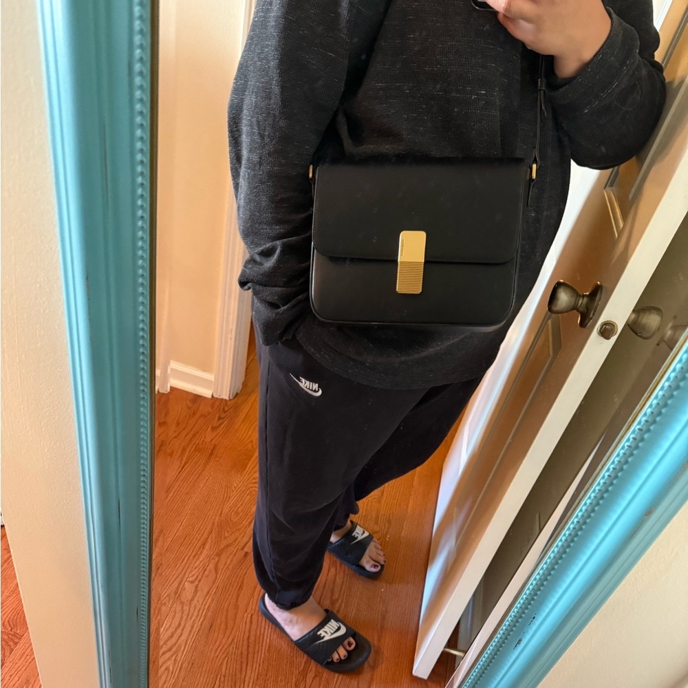 Black Leather Crossbody Bag with Gold Hardware